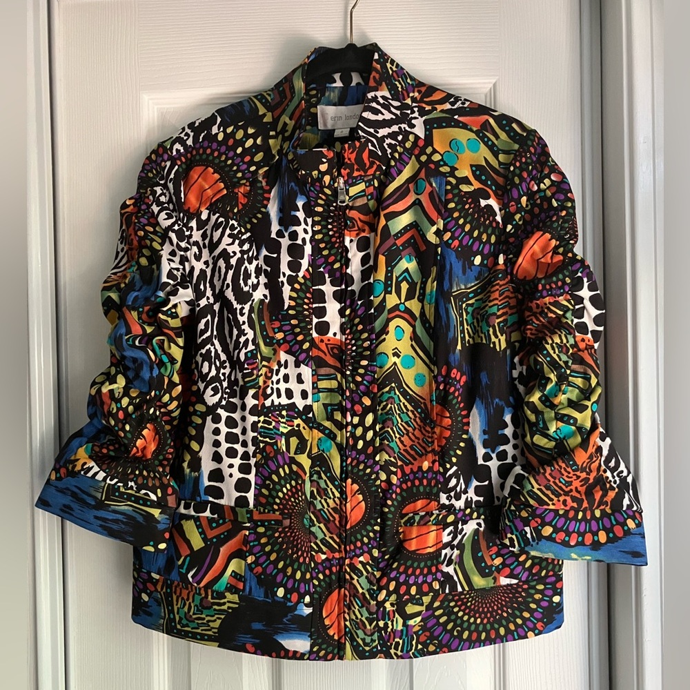ERIN LONDON artsy maximalist bold abstract jacket ruched sleeves Bohemian S